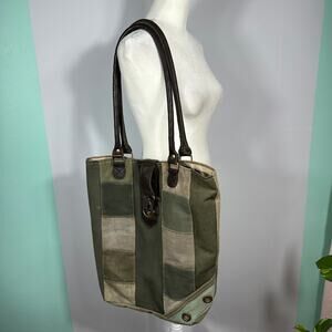 Vintage Addiction Patchwork Canvas Tote Bag Upcycled Military Tent Faux Leather